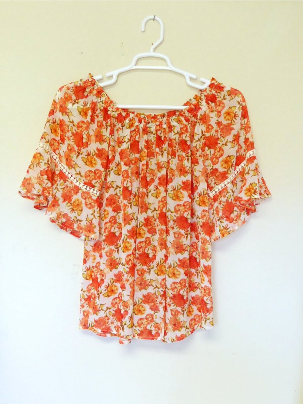 Siren Lily orange and red floral chiffon peasant style bell sleeve blouse sz 1X